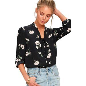 Lulus On the Spot Black Floral Print Button-Up Blouse Sz S